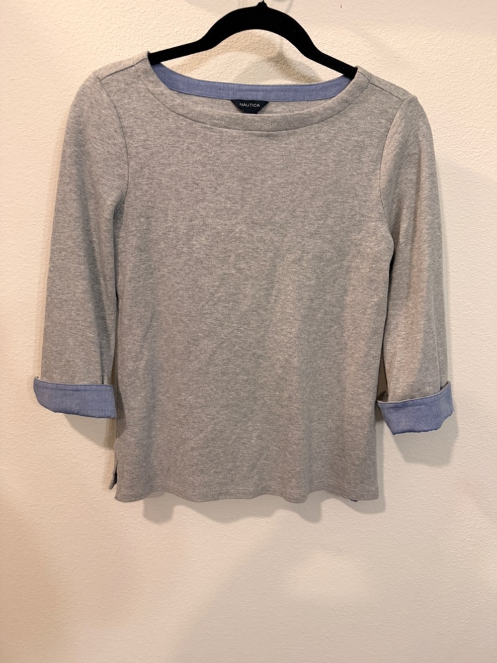 Nautica Light Grey Boatneck 3/4 Sleeve Top with Chambray Trim
